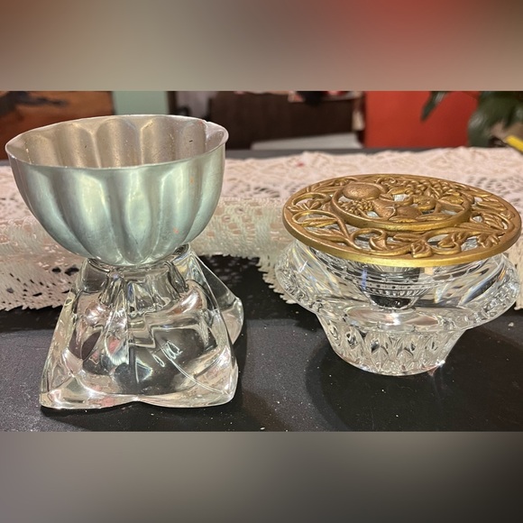 Vintage mismatched crystal taper candlestick holders brass topper & jello mold - Picture 1 of 15